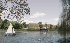 De hogere Zeevaartschool met het nieuwe gedeelte zoals de winnende ontwerper ze ziet.